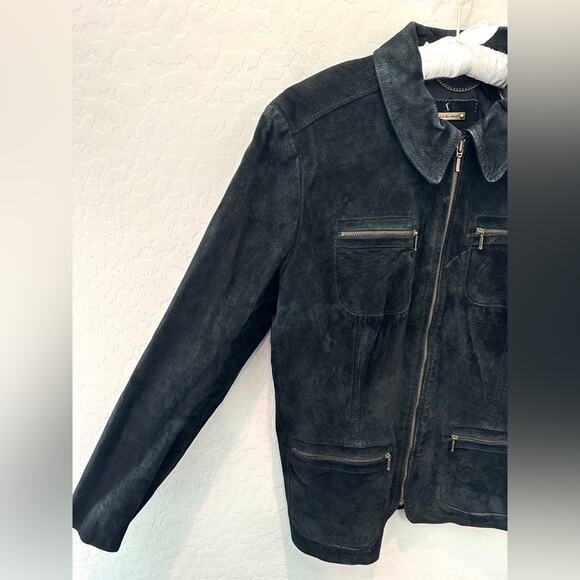 I.E. RELAXED Black Genuine Suede Leather Jacket Zip Front Utility Style | Large - Picture 3 of 8